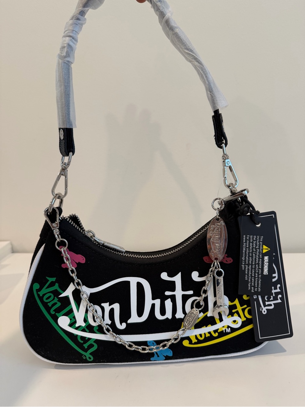 Von Dutch Black Logo-Print Shoulder Bag with Chain Detail
